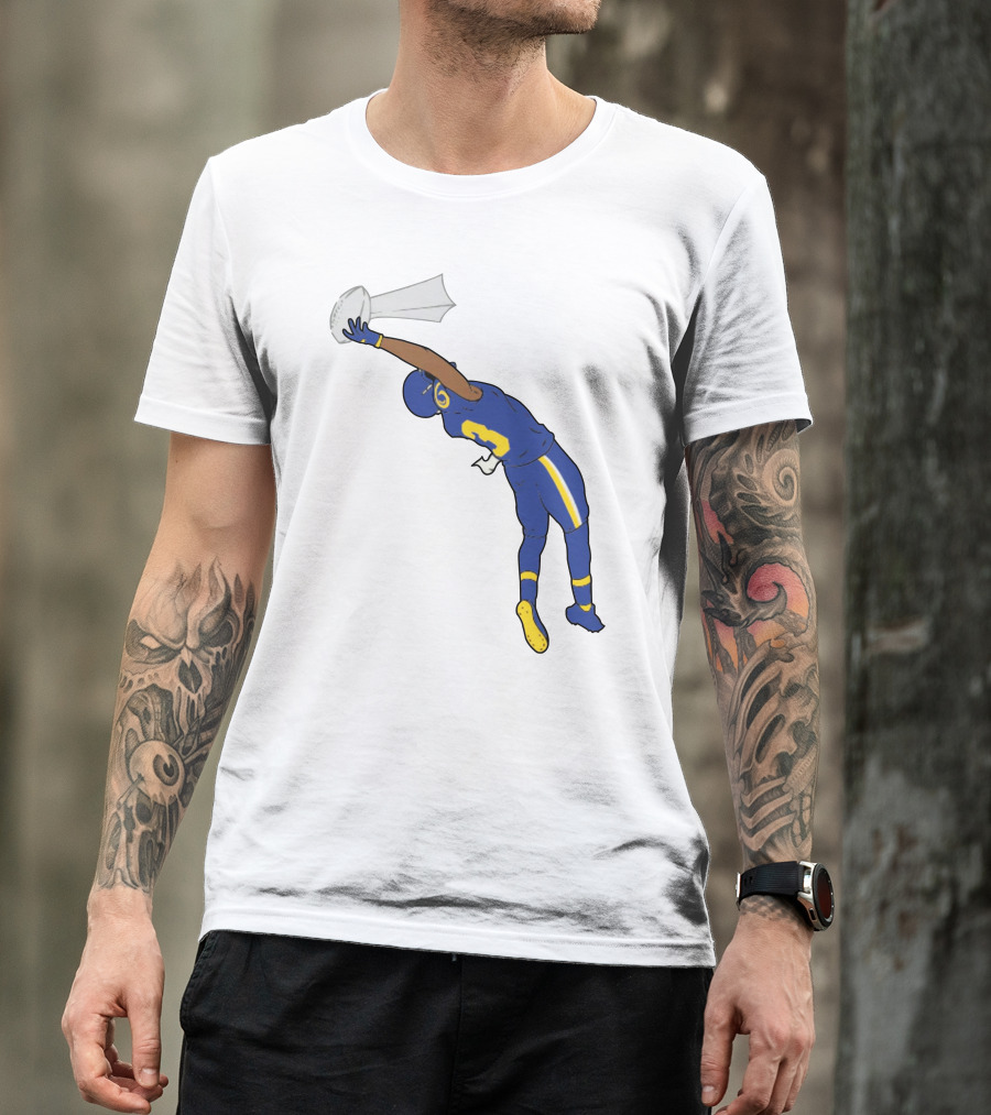 Trophy Catch Obj One-Handed Football Player Blue And Yellow Uniform T-Shirt