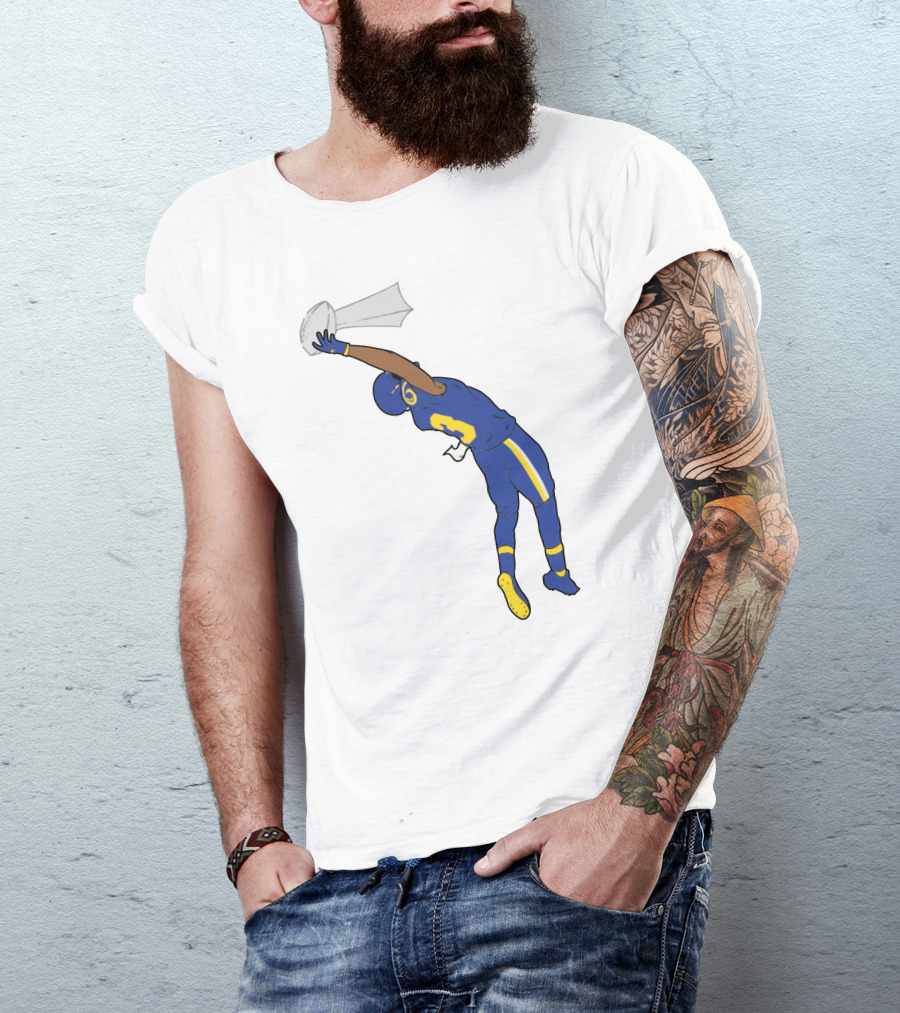 Trophy Catch Obj One-Handed Football Player Blue And Yellow Uniform T-Shirt