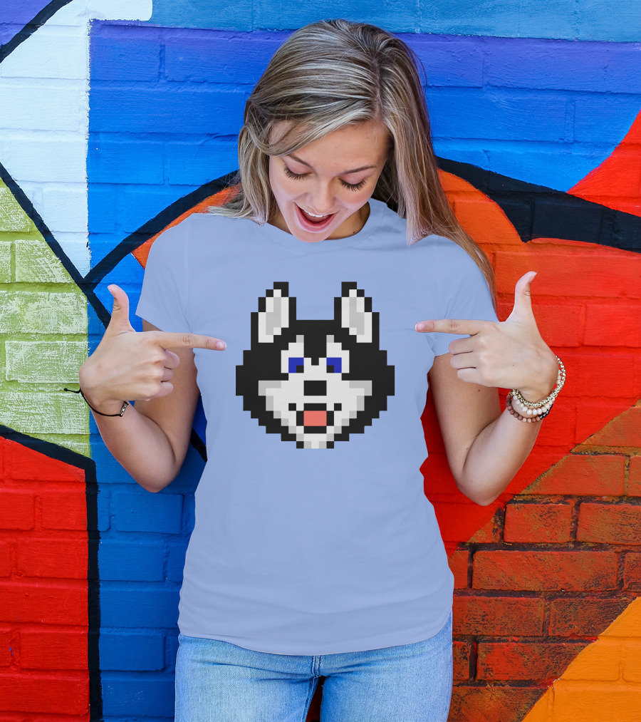 Huskytoken Cat Pixelated Husky Face On Light Blue T-Shirt