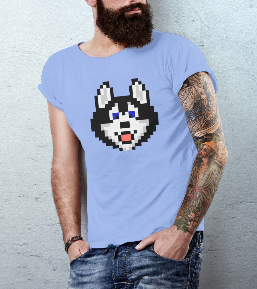 Huskytoken Cat Pixelated Husky Face On Light Blue T-Shirt