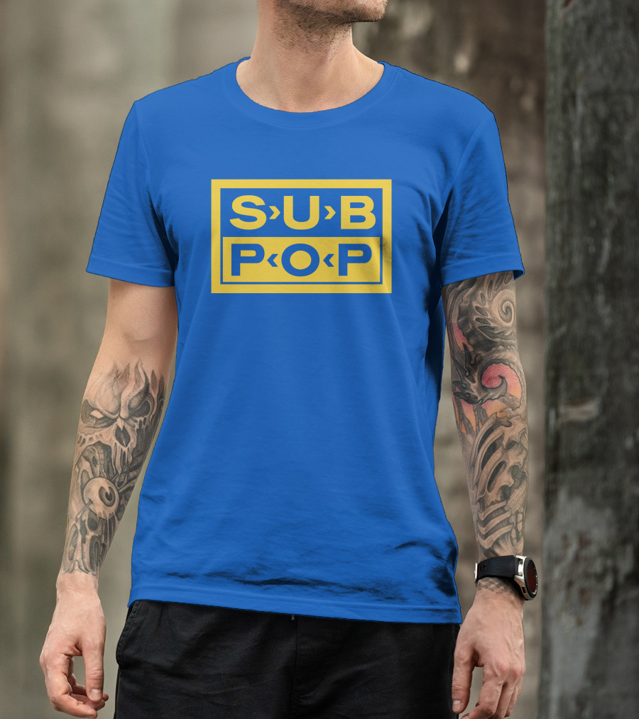 Sub Pop Records Megamart Store Logo Blue Background T-Shirt