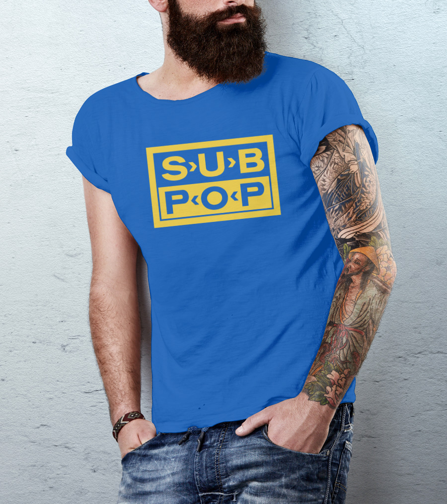Sub Pop Records Megamart Store Logo Blue Background T-Shirt