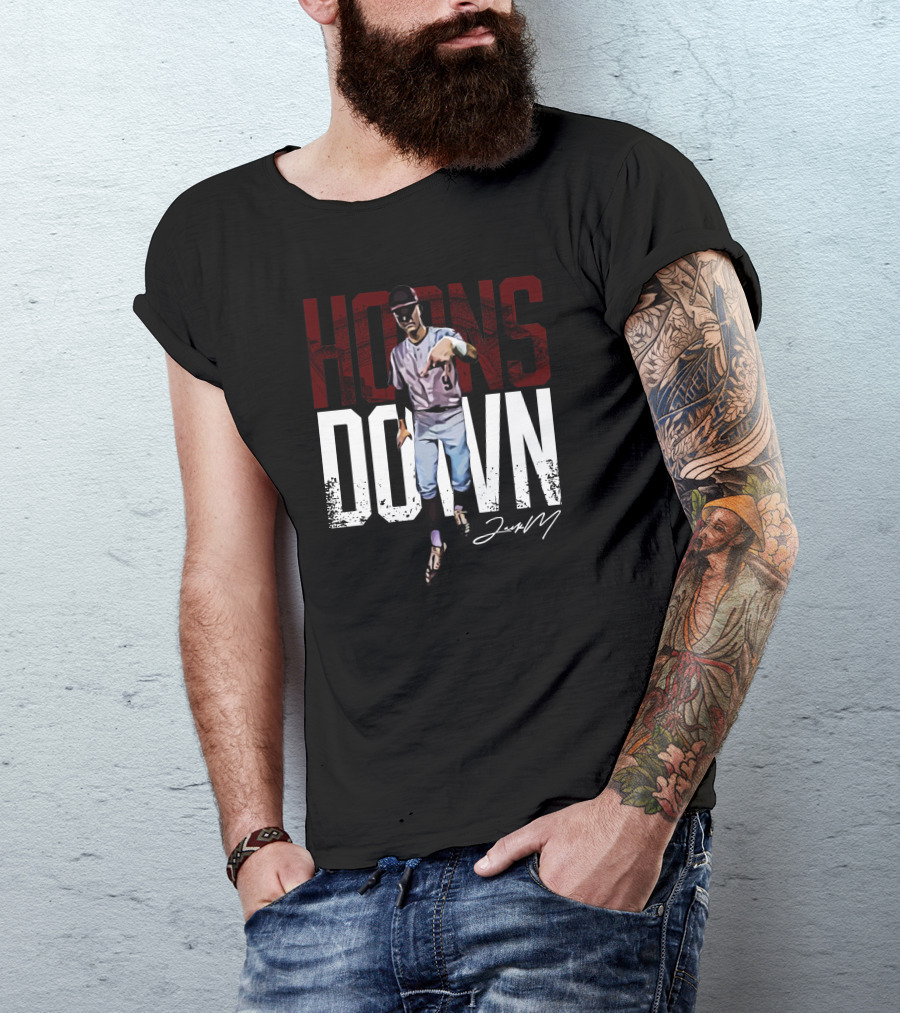 Fanarch Store Horns Down Jack Moss Signature Baseball Pose T-Shirt