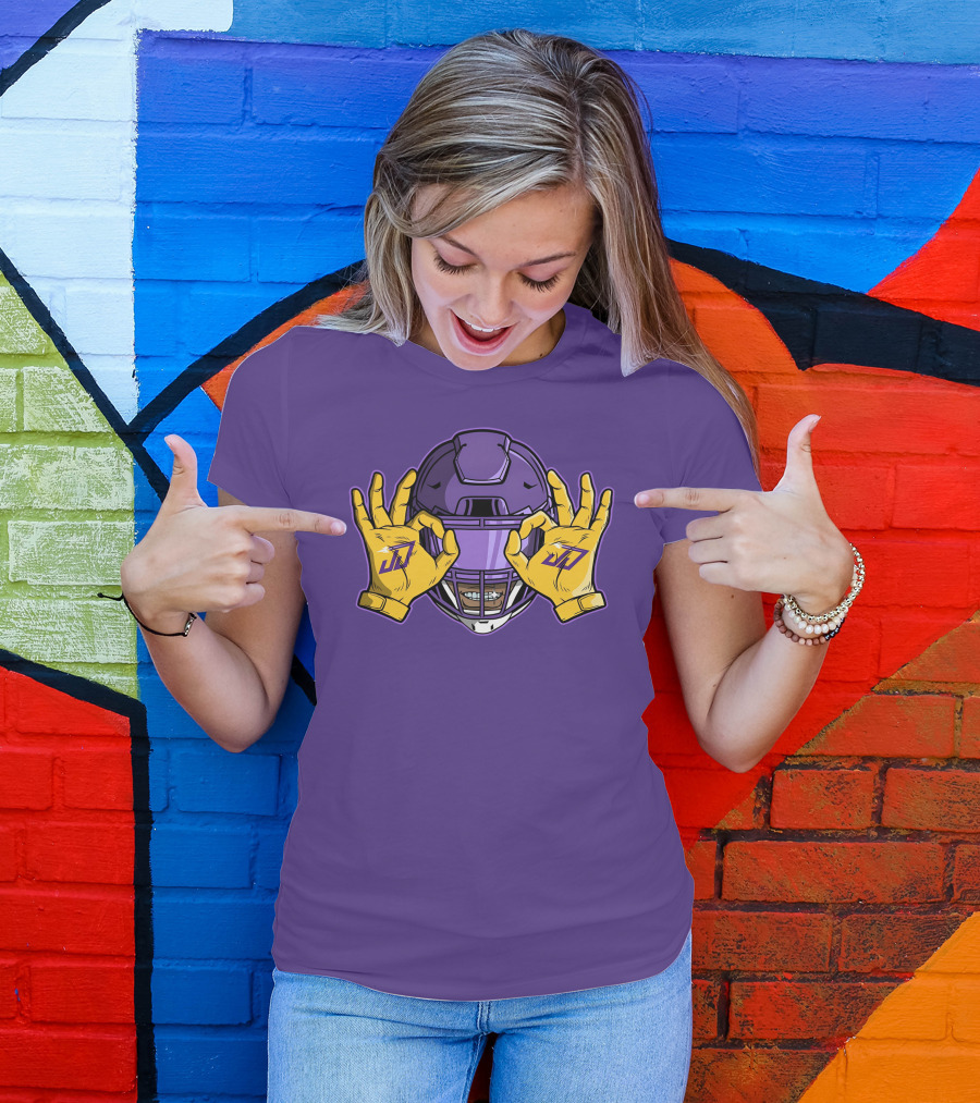 Kevin O’Connell Justin Jefferson Griddy JJ Celebration Viking Helmet Purple Yellow Hands T-Shirt