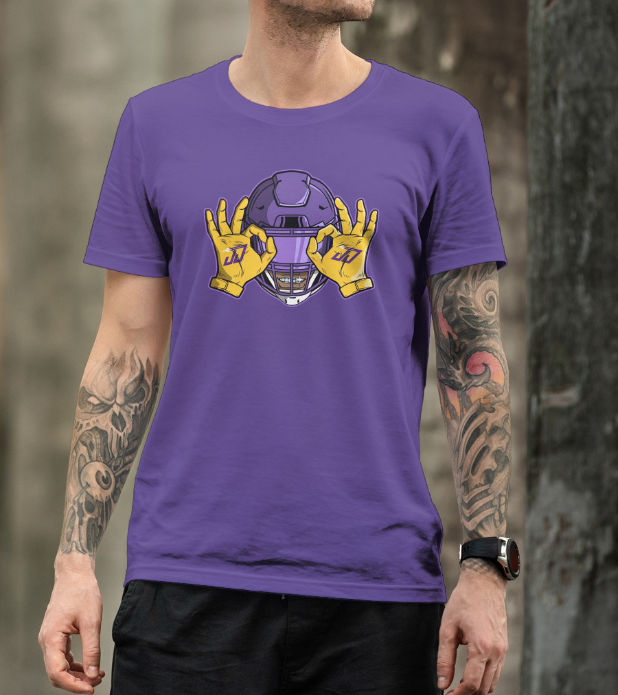 Kevin O’Connell Justin Jefferson Griddy JJ Celebration Viking Helmet Purple Yellow Hands T-Shirt