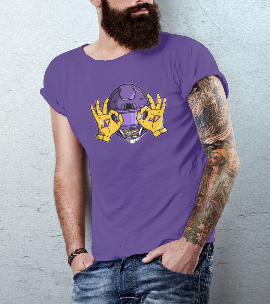 Kevin O’Connell Justin Jefferson Griddy JJ Celebration Viking Helmet Purple Yellow Hands T-Shirt