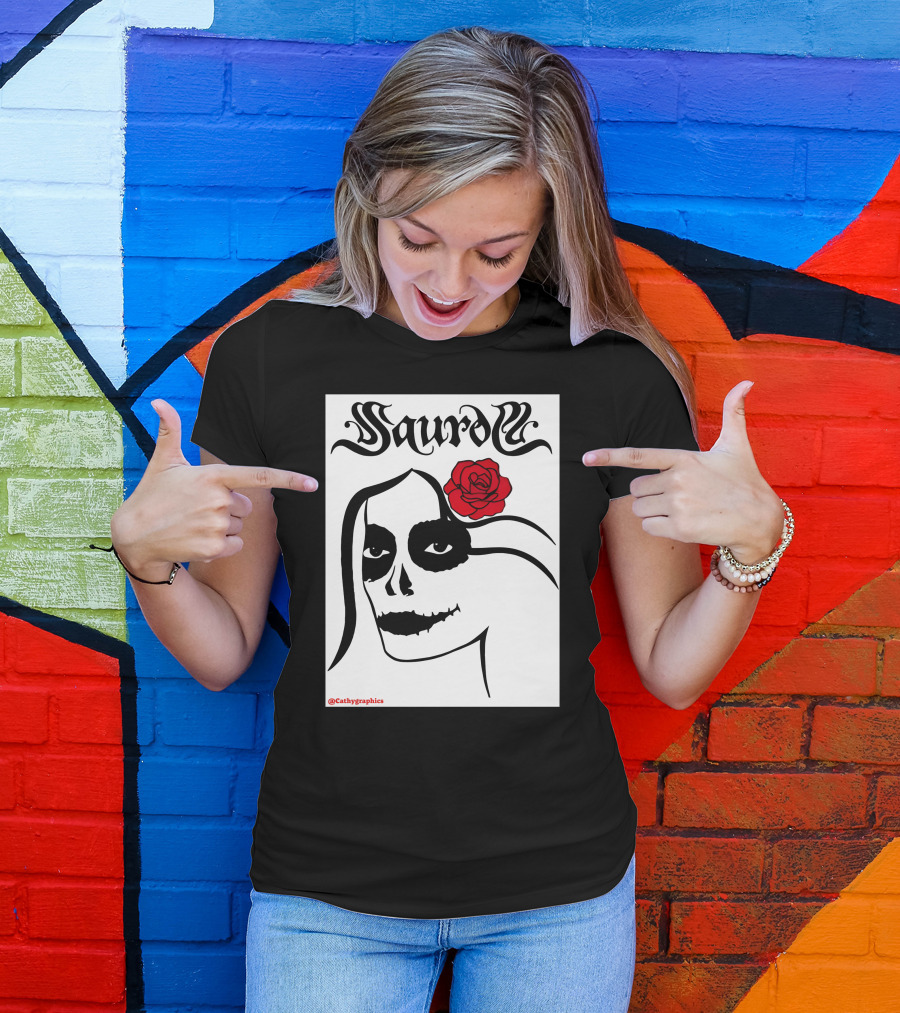 Saurom Cathygraphics Skull Face With Red Rose T-Shirt