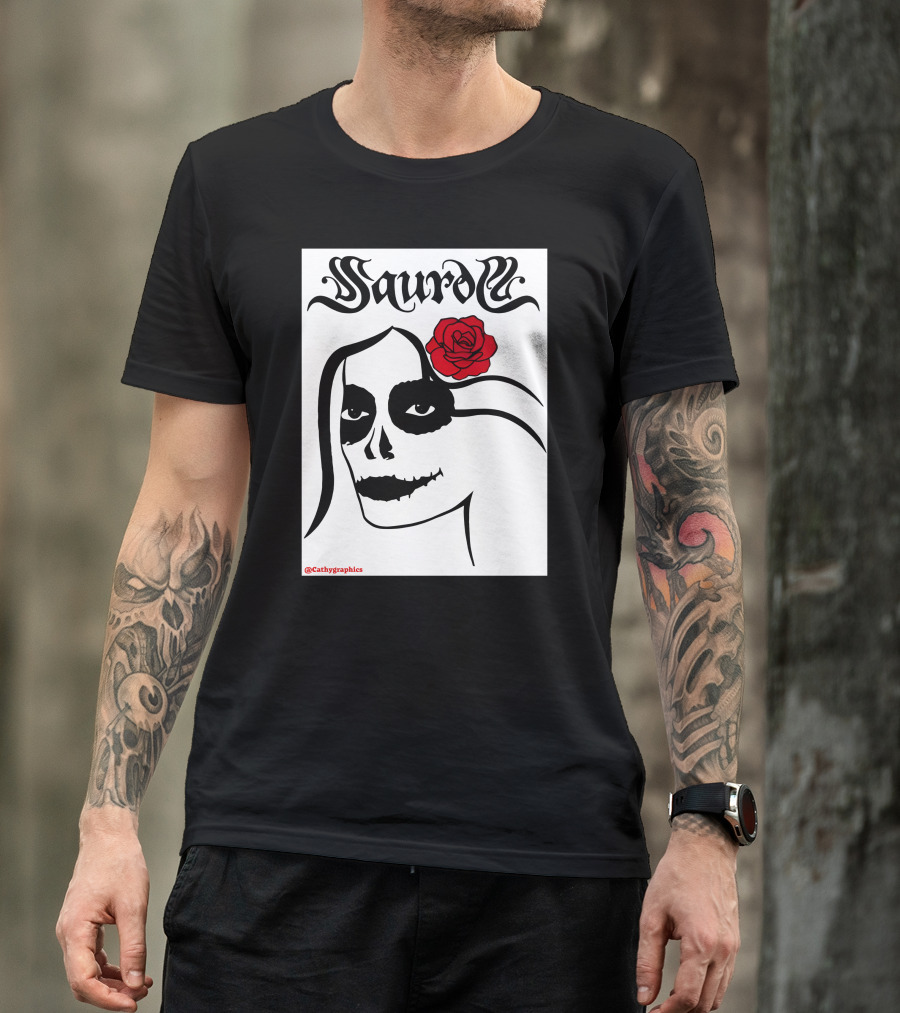 Saurom Cathygraphics Skull Face With Red Rose T-Shirt