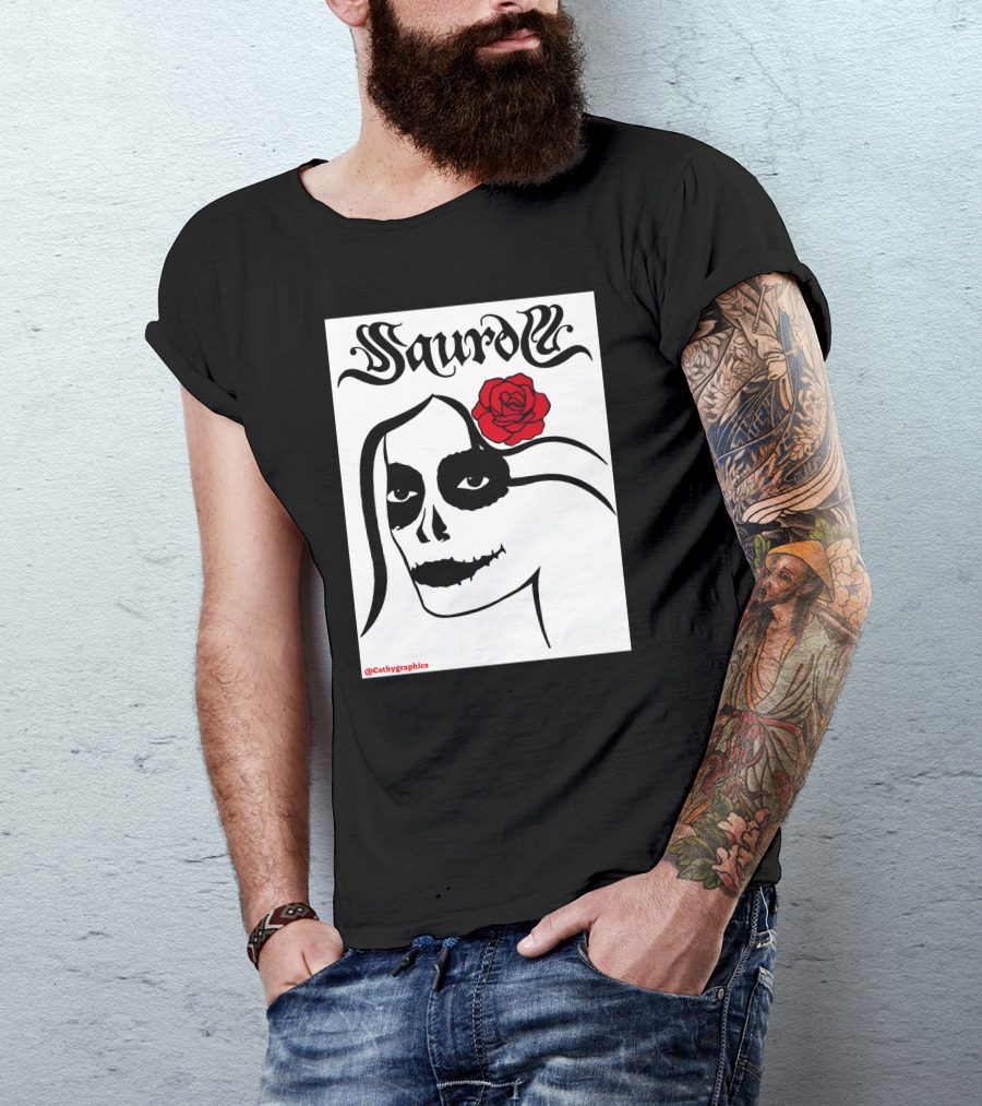 Saurom Cathygraphics Skull Face With Red Rose T-Shirt