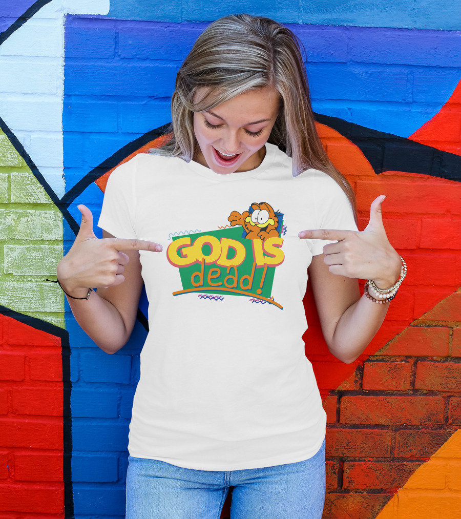 Garfield God Is Dead Comic Style Text With Playful Cartoon Character T-Shirt