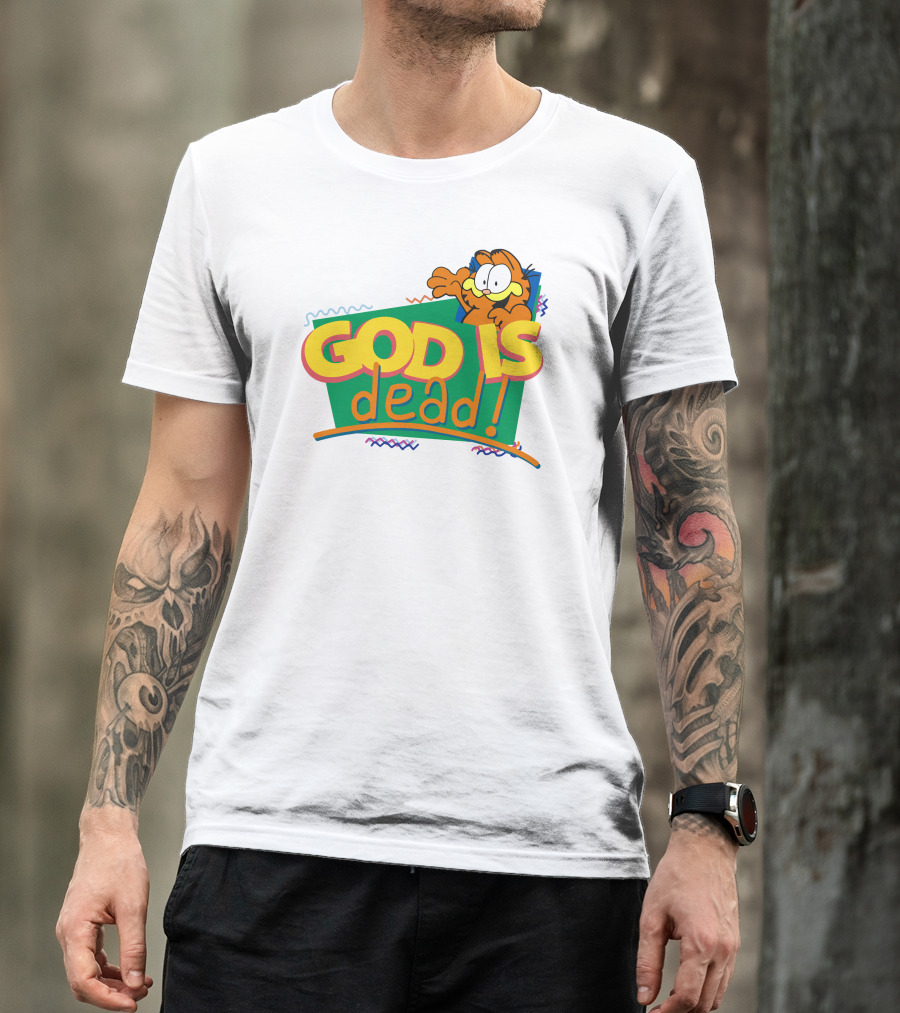 Garfield God Is Dead Comic Style Text With Playful Cartoon Character T-Shirt