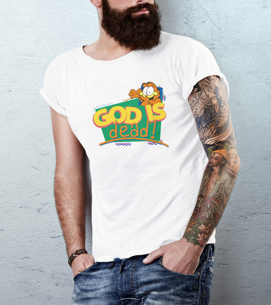Garfield God Is Dead Comic Style Text With Playful Cartoon Character T-Shirt