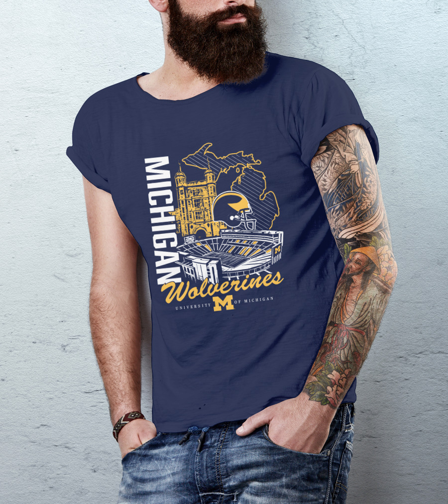 Michigan Wolverines University Of Michigan Stadium Map Helmet T-Shirt