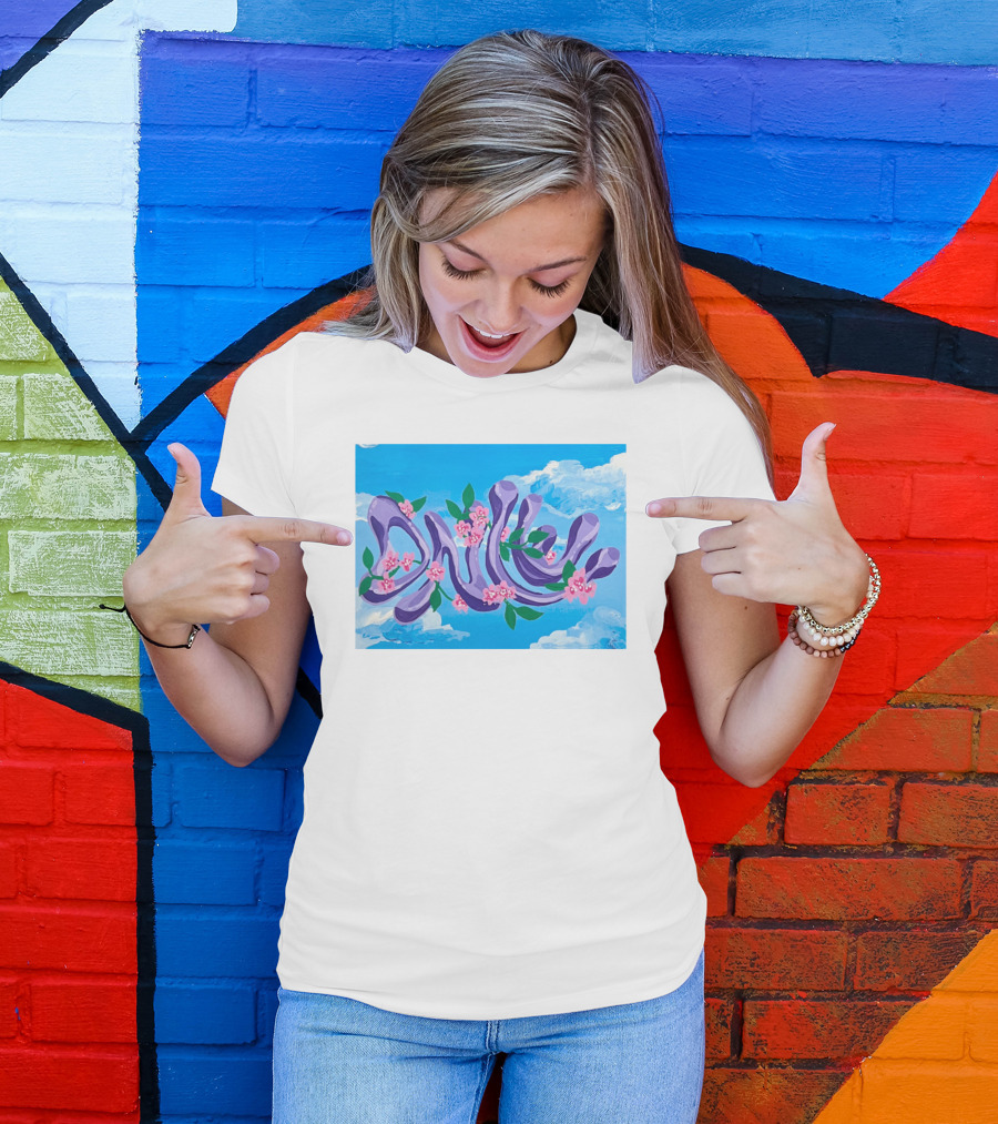 Jolene Dance Purple Script With Pink Flowers On Blue Sky Background T-Shirt