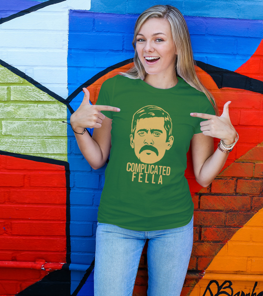 Complicated Fella Graphic With Mustache On Green Background T-Shirt