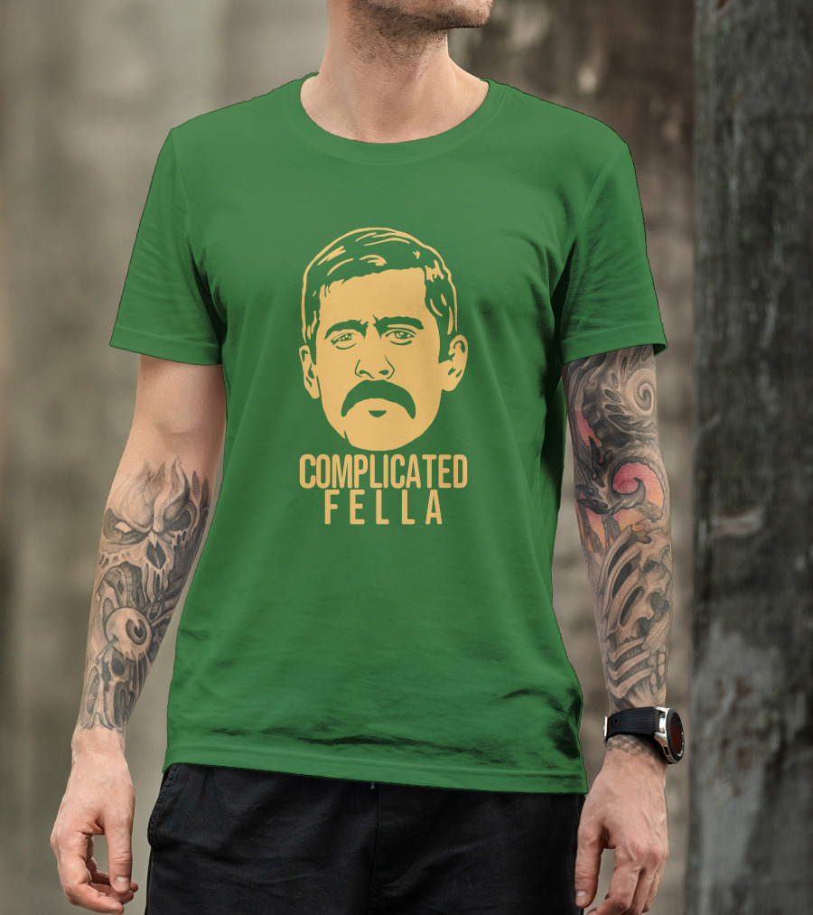 Complicated Fella Graphic With Mustache On Green Background T-Shirt