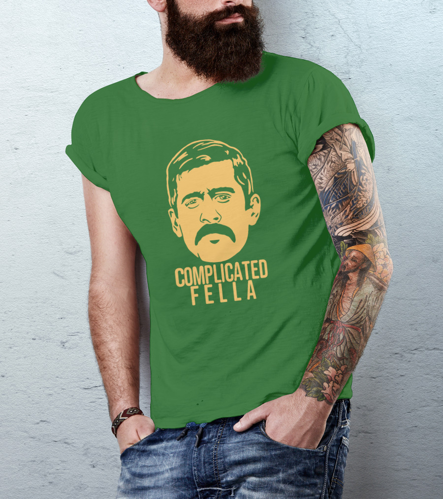 Complicated Fella Graphic With Mustache On Green Background T-Shirt