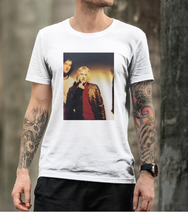 Kurt Cobain Leather Jacket Red Sweater Iconic Image T-Shirt