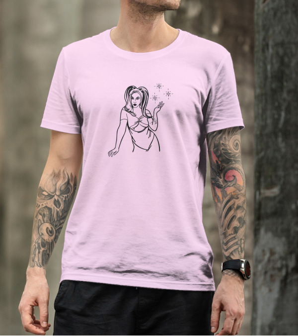 Chrissy Chlapecka Sketch With Stars On Pink Background T-Shirt