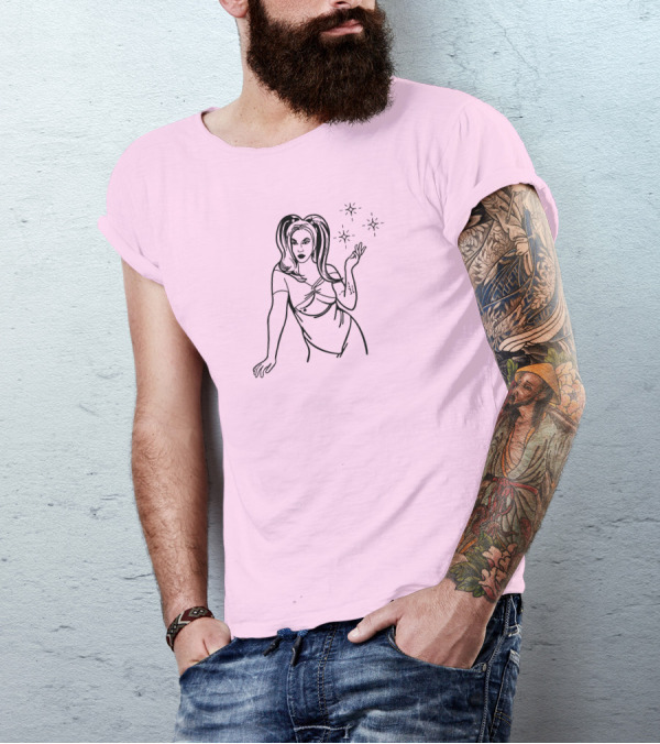 Chrissy Chlapecka Sketch With Stars On Pink Background T-Shirt
