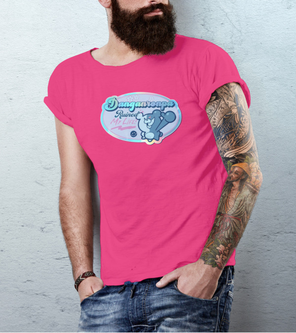 Danganronpa Ruined My Life Monokuma Smiley Pink Flowers T-Shirt