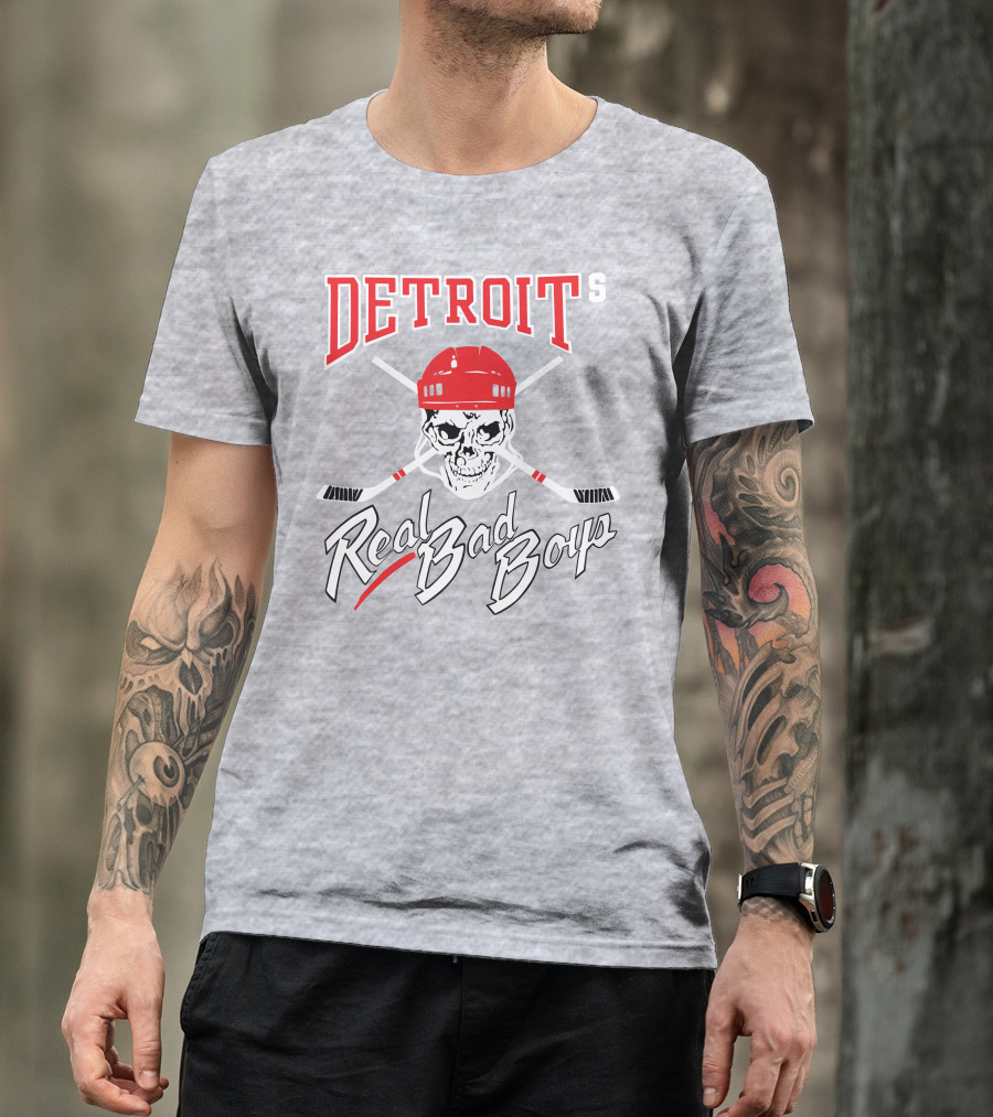 Detroit Real Bad Boys Skull With Hockey Helmet And Crossed Sticks T-Shirt