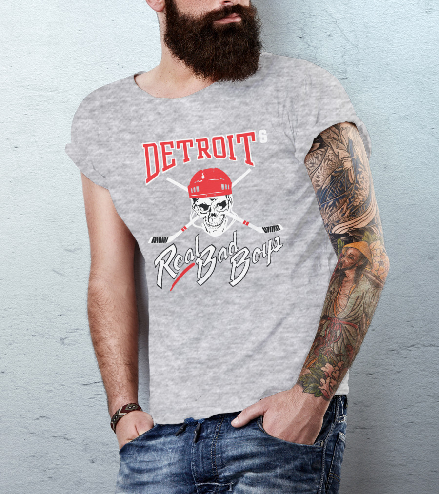 Detroit Real Bad Boys Skull With Hockey Helmet And Crossed Sticks T-Shirt