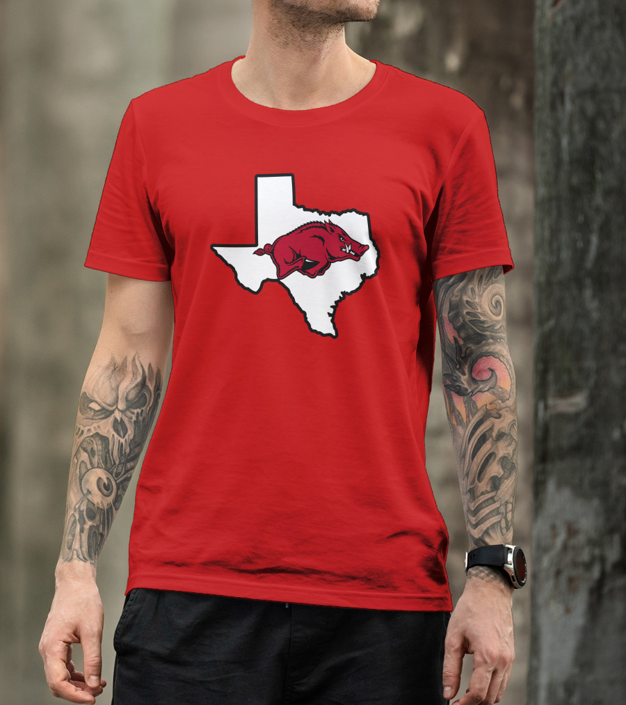Arkansas Razorbacks Strong Hog Over Texas Map T-Shirt