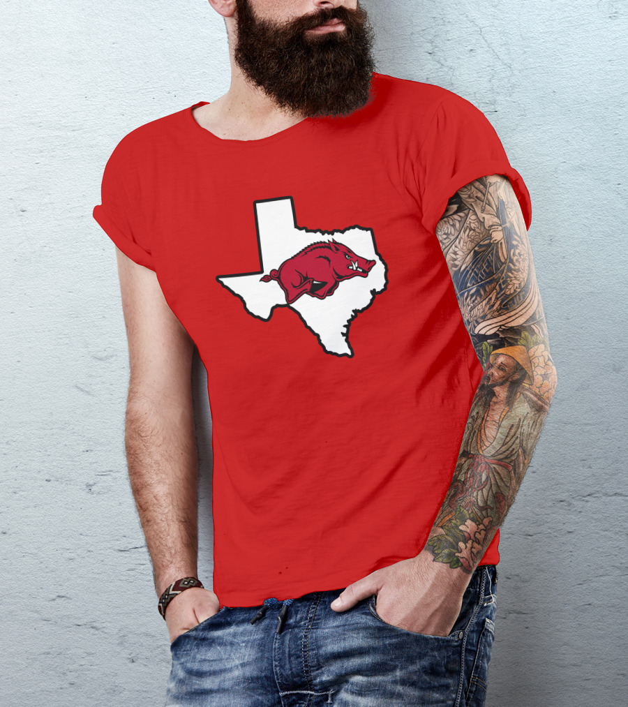 Arkansas Razorbacks Strong Hog Over Texas Map T-Shirt