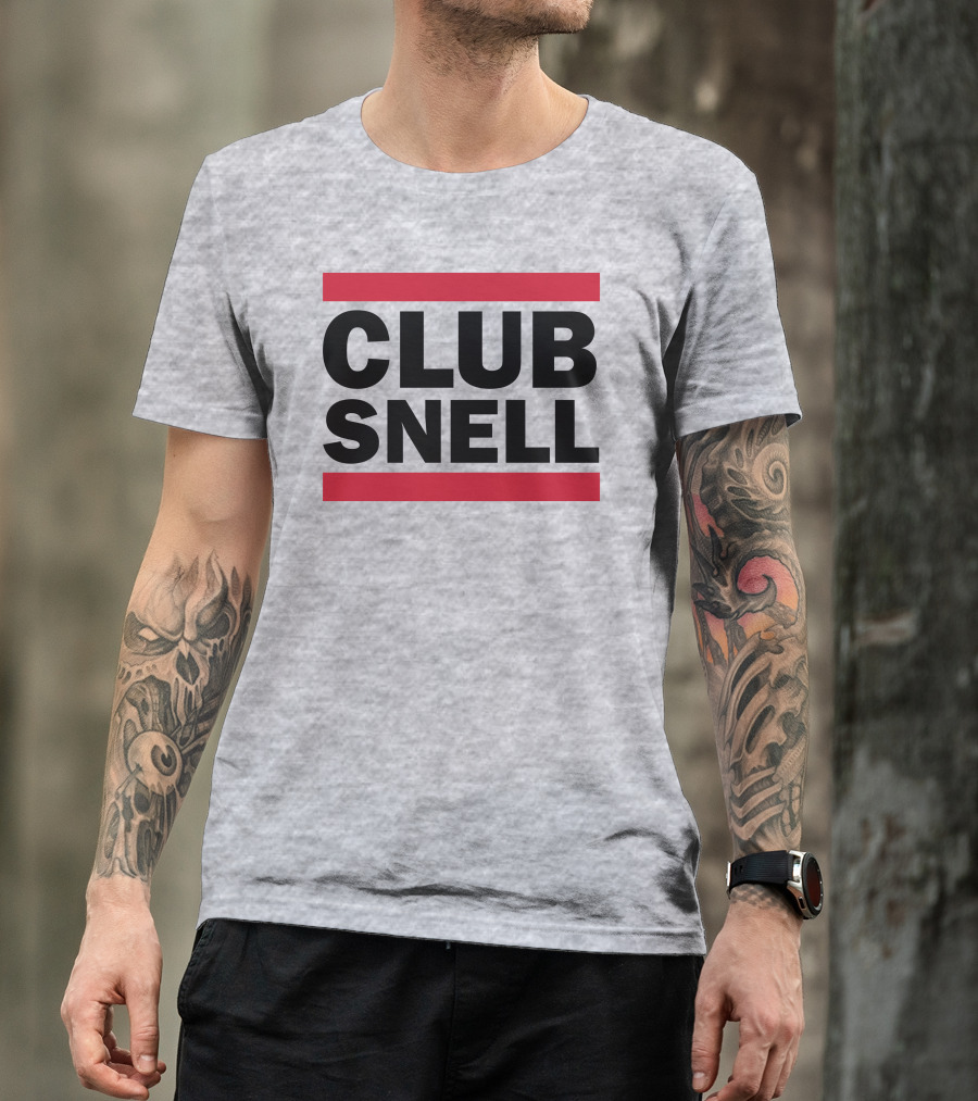 Club Snell Bold Black Text With Red Stripes On Gray Background T-Shirt