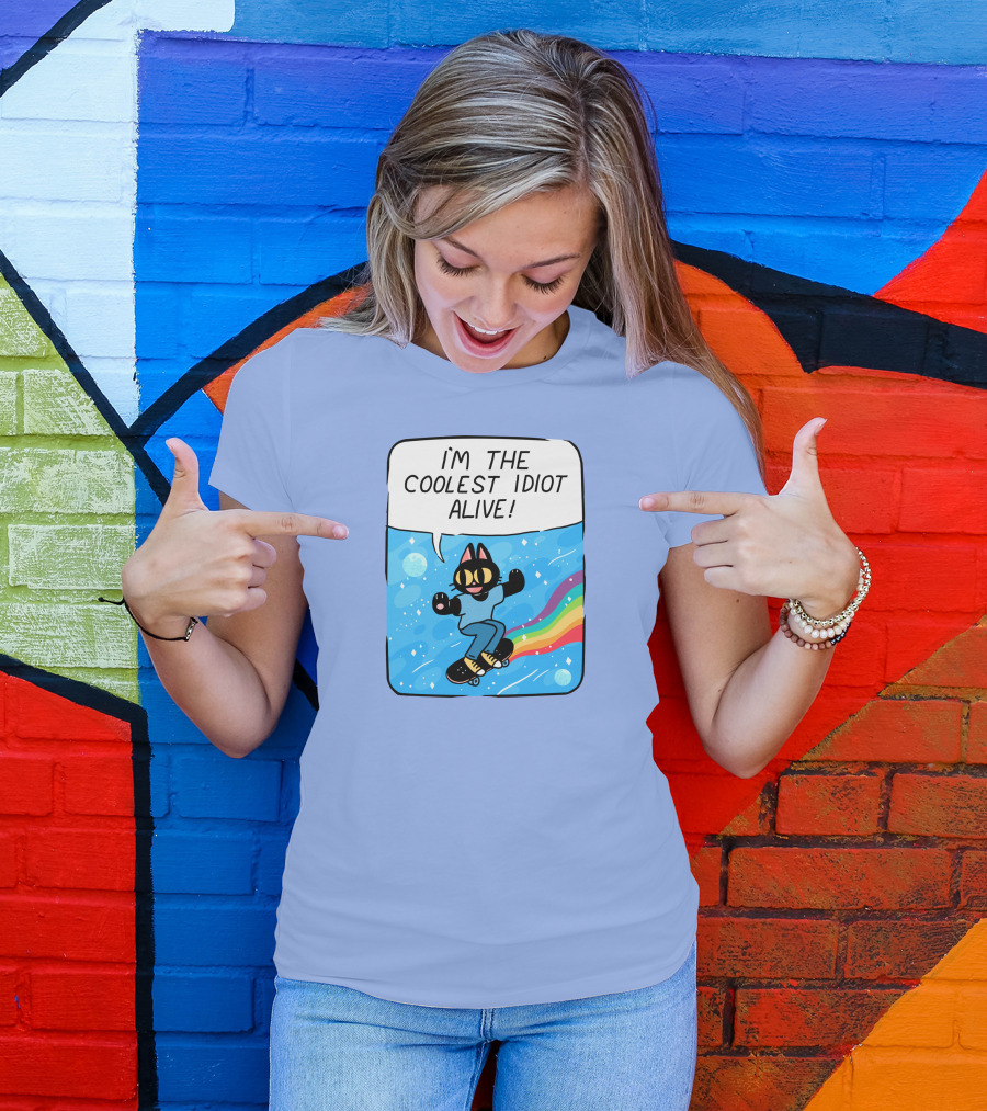 Mollyjohnt I'm The Coolest Idiot Alive Skateboarding Cat With Rainbow Trail T-Shirt