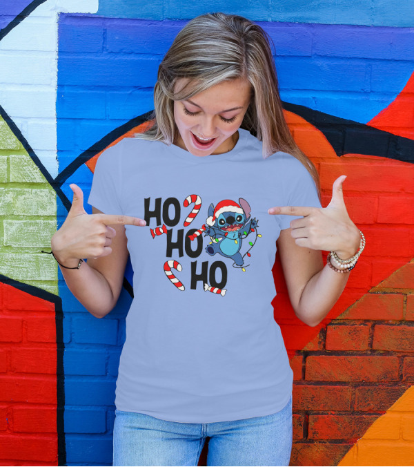 Stitch Ho Ho Ho Christmas Lights And Candy Canes T-Shirt