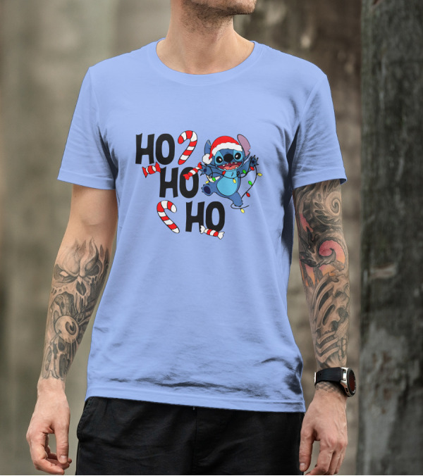 Stitch Ho Ho Ho Christmas Lights And Candy Canes T-Shirt