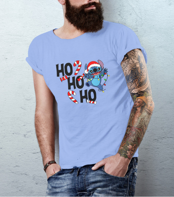 Stitch Ho Ho Ho Christmas Lights And Candy Canes T-Shirt