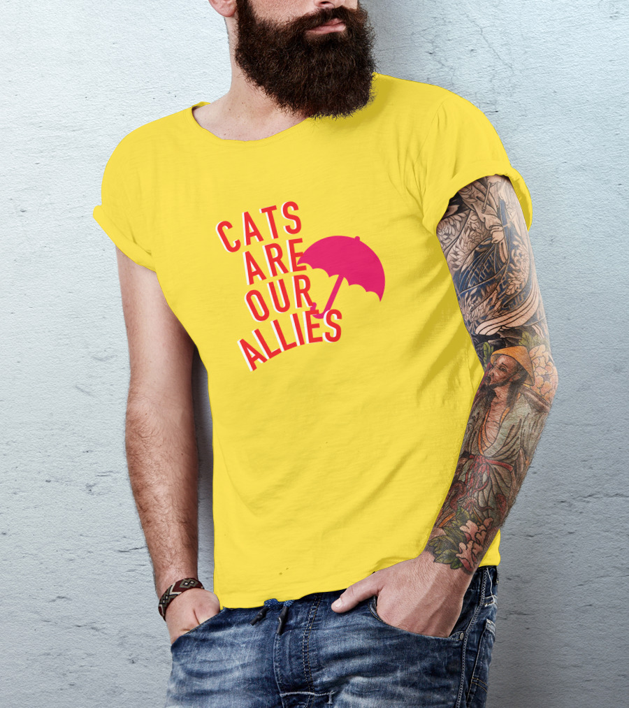 Jortsthecat Cats Are Our Allies Red Umbrella Yellow Background T-Shirt
