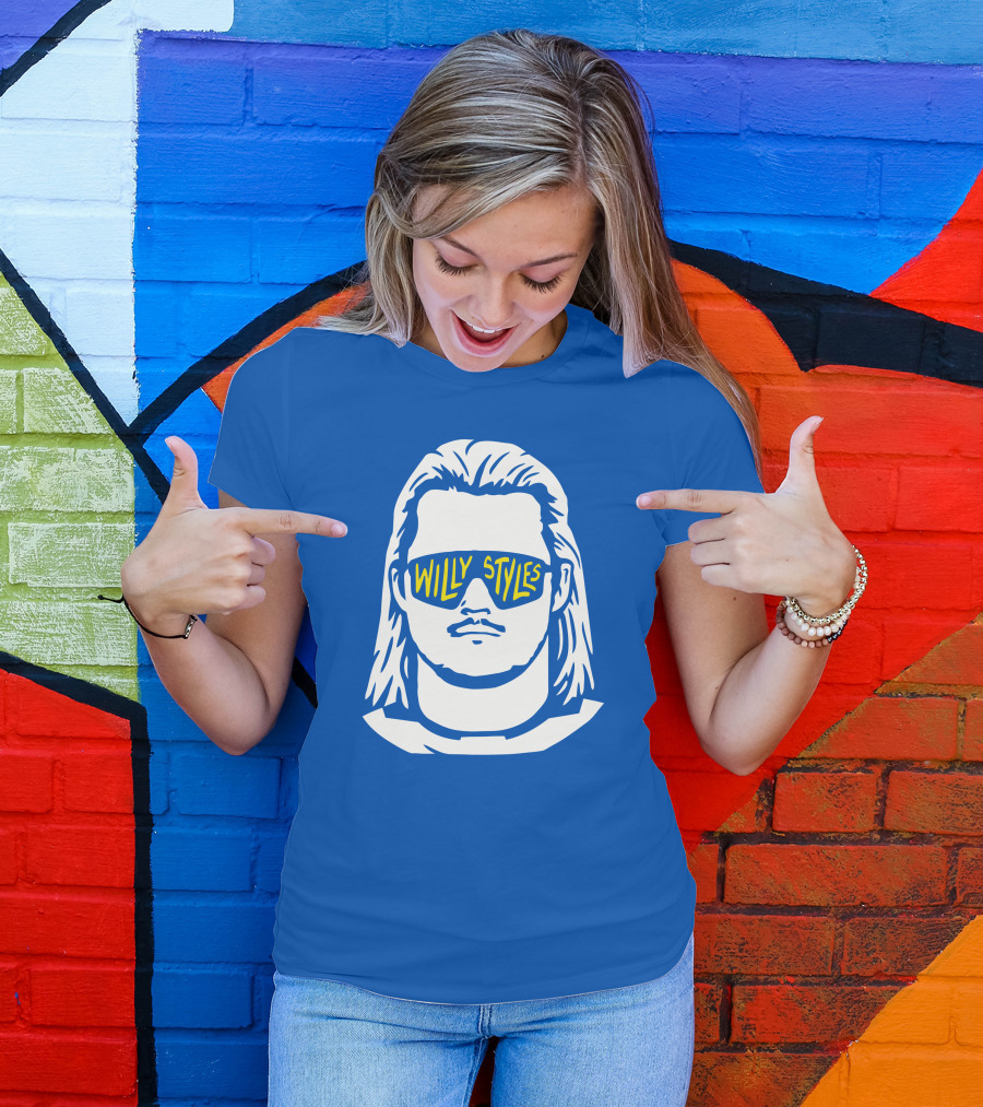 Willy Styles Sunglasses Graphic Blue Background T-Shirt