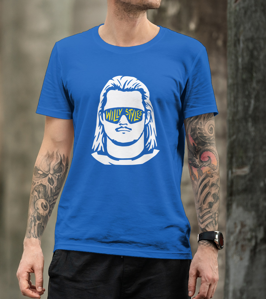 Willy Styles Sunglasses Graphic Blue Background T-Shirt
