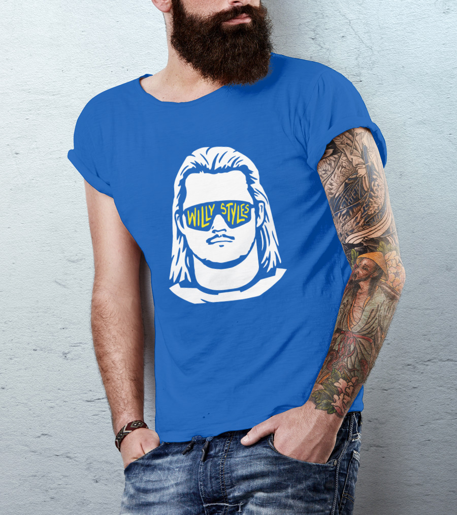 Willy Styles Sunglasses Graphic Blue Background T-Shirt