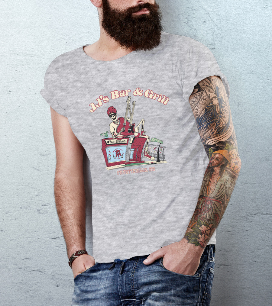 JJ's Bar And Grill Fayetteville AR Best Barstools Skeleton Playing Guitar T-Shirt
