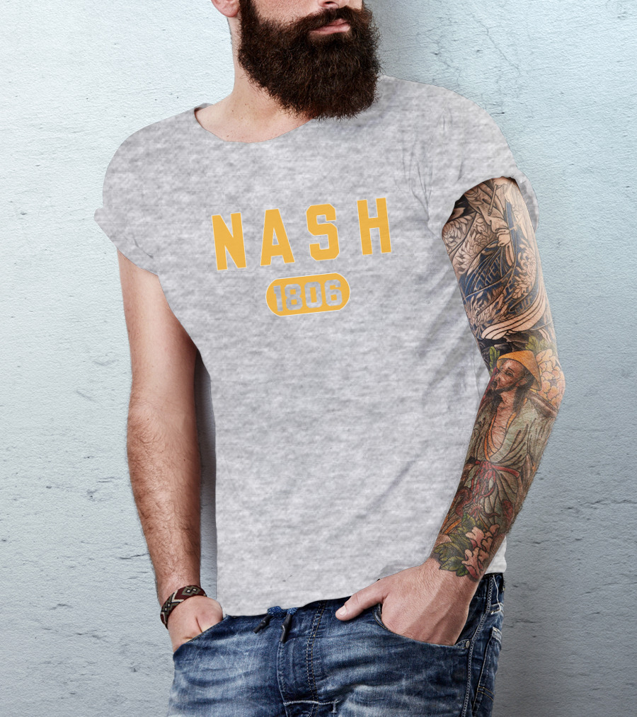 Nash 1806 Retro Varsity Style Yellow Text On Gray Background T-Shirt