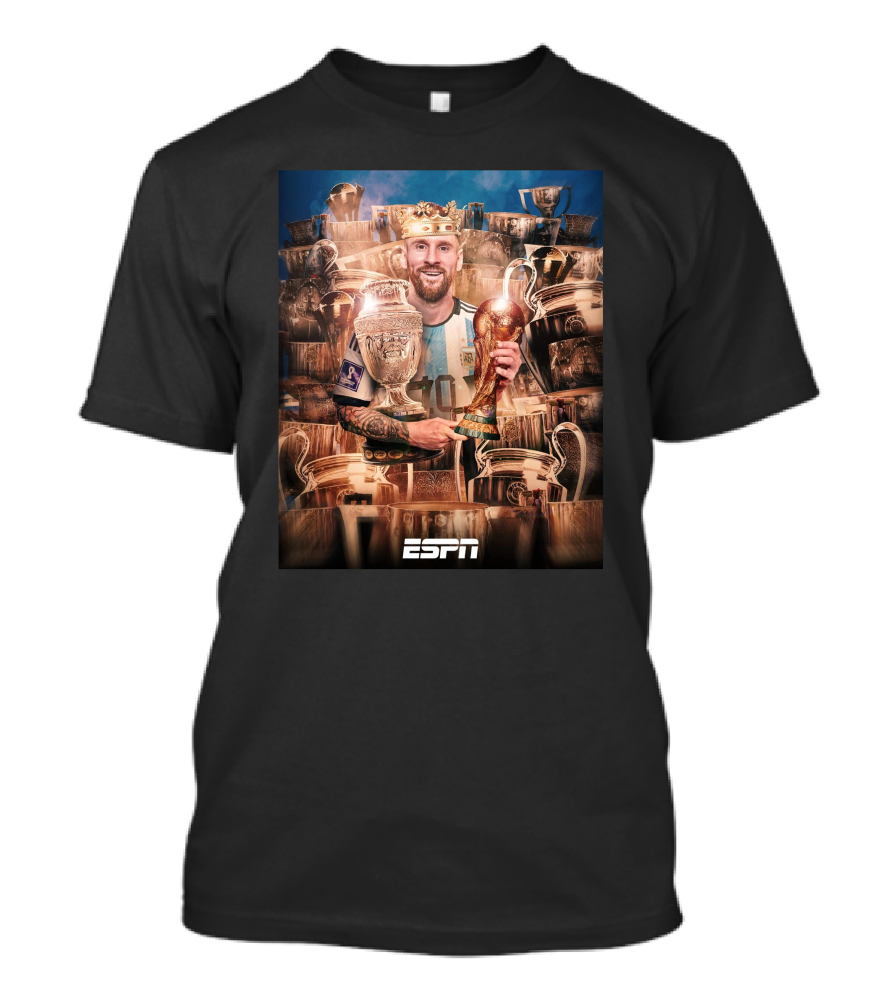 ESPN Messi Crowned King Of Football With World Cup Trophy Among Iconic Cup Collection T-Shirt