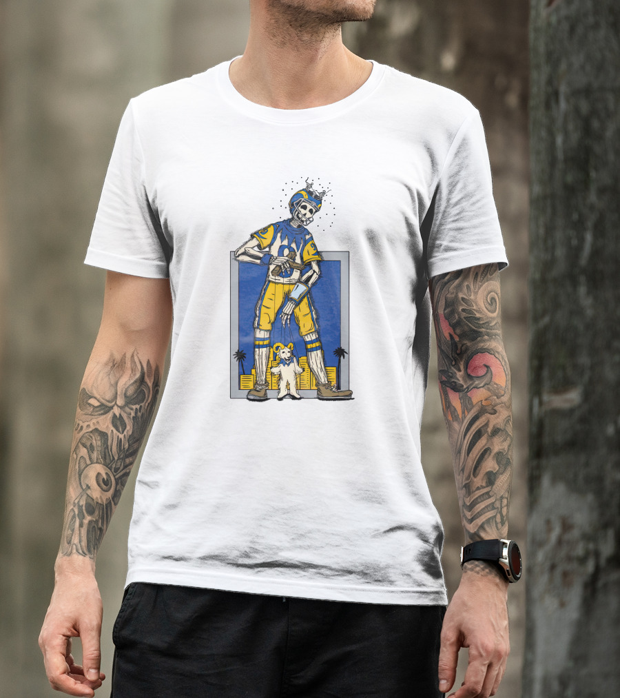 LA Skeleton Football Player Blue Gold Dog Helmet Cityscape T-Shirt