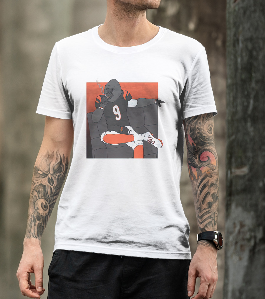 Harambe Smoking Gorilla Wearing Number 9 Jersey Sitting On Couch T-Shirt