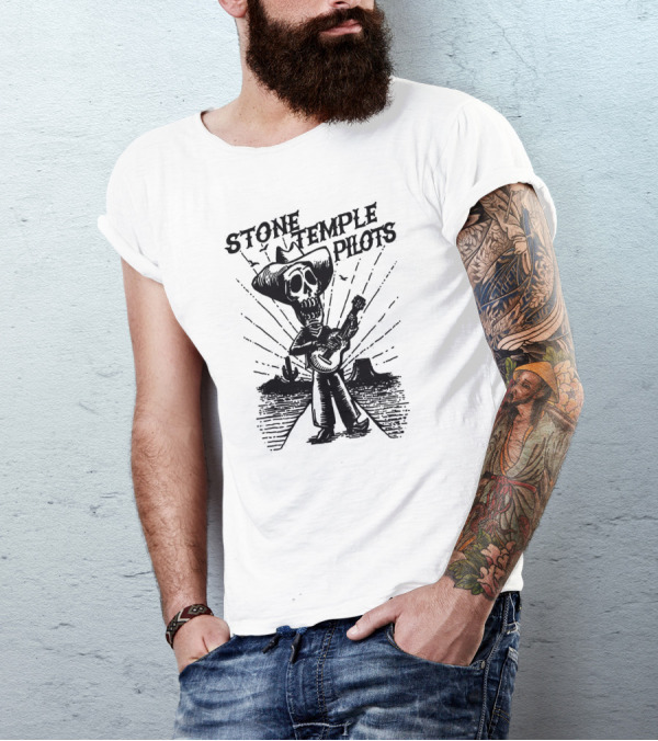 STONE TEMPLE PILOTS Skeleton Cowboy Playing Guitar Desert Scene T-Shirt