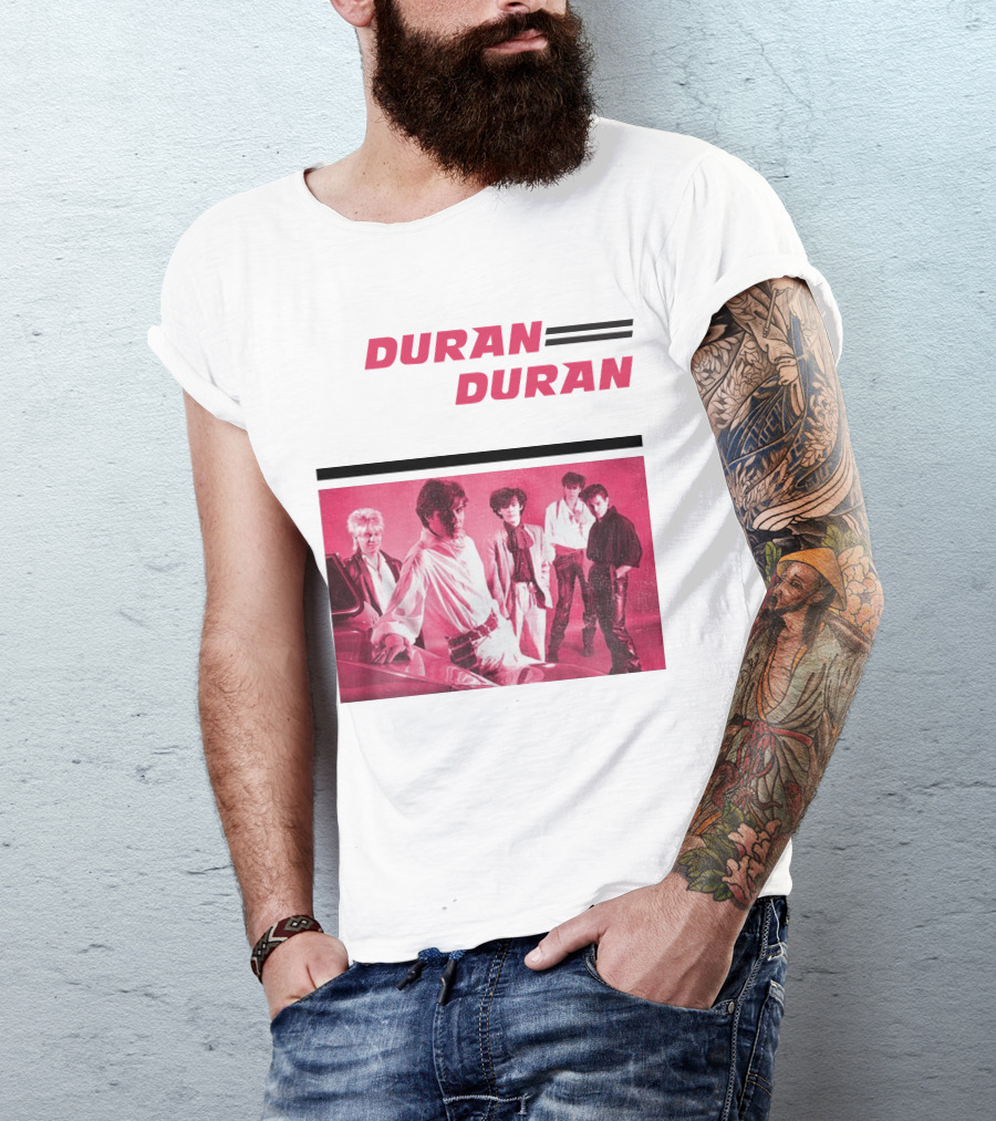Duran Duran Band Photo With Stylized Logo And Pink Tone T-Shirt