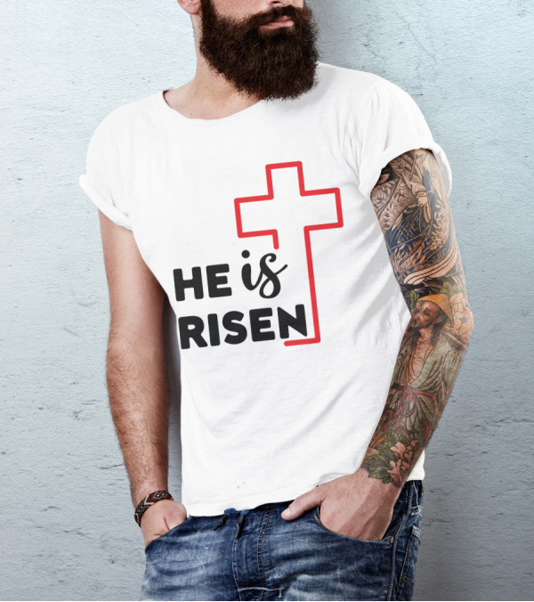HE IS RISEN Cross Outline T-Shirt