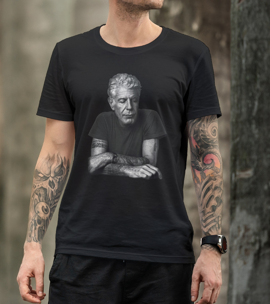 Anthony Bourdain Black And White Portrait With Tattoos T-Shirt