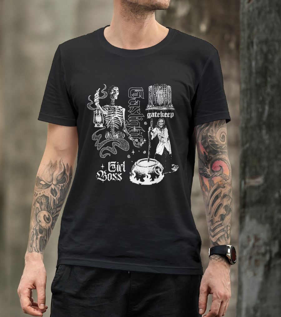 Gatekeep Gaslight Girl Boss Skeleton Witch Cauldron T-Shirt
