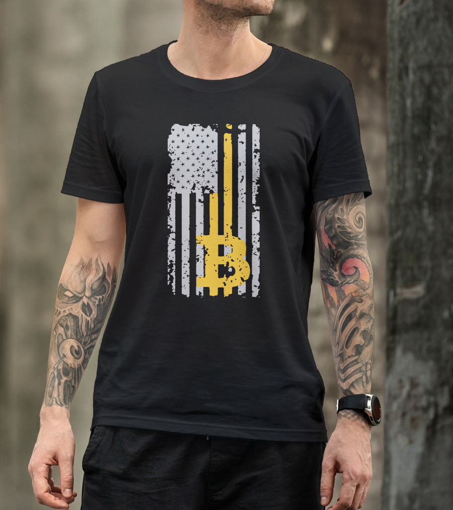 Bitcoin Logo On Distressed American Flag Background T-Shirt