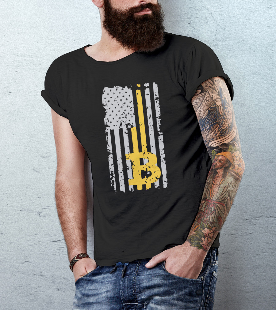 Bitcoin Logo On Distressed American Flag Background T-Shirt